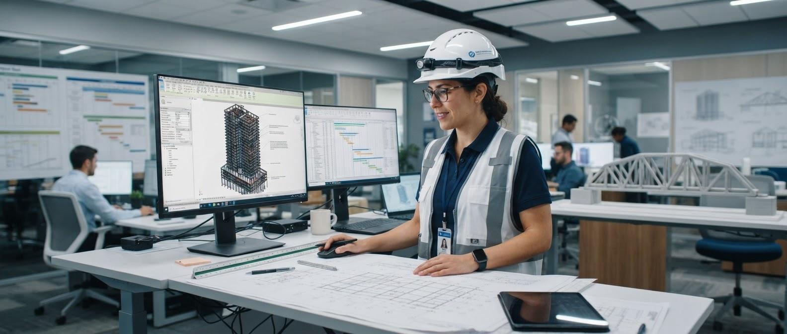 Engineer in a hard hat reviewing a BIM model on dual monitors