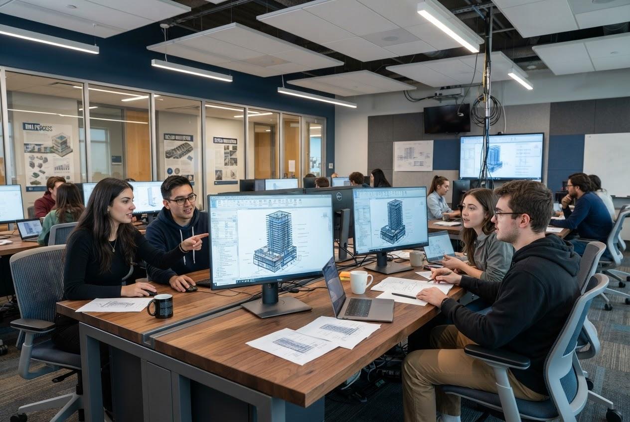 Students collaborating on BIM models in the academy classroom